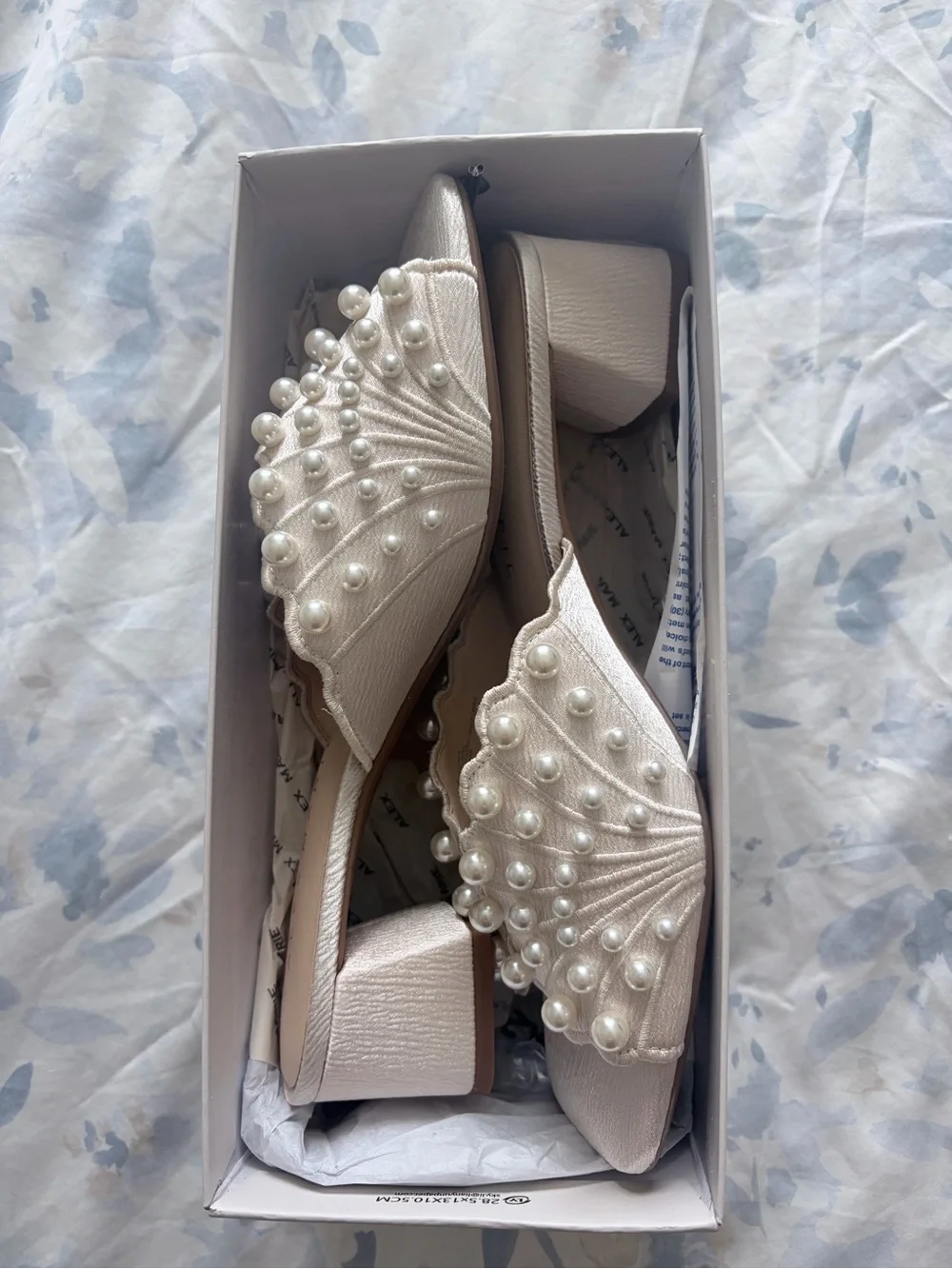 Alex Marie Pearl-Accent Cream Block Heel Mules 9.5